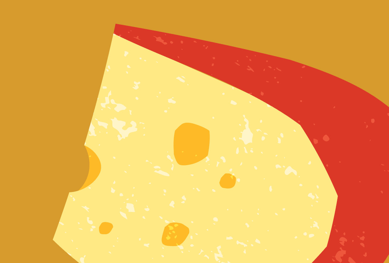illustration of a slice of cheese on a mustard coloured background