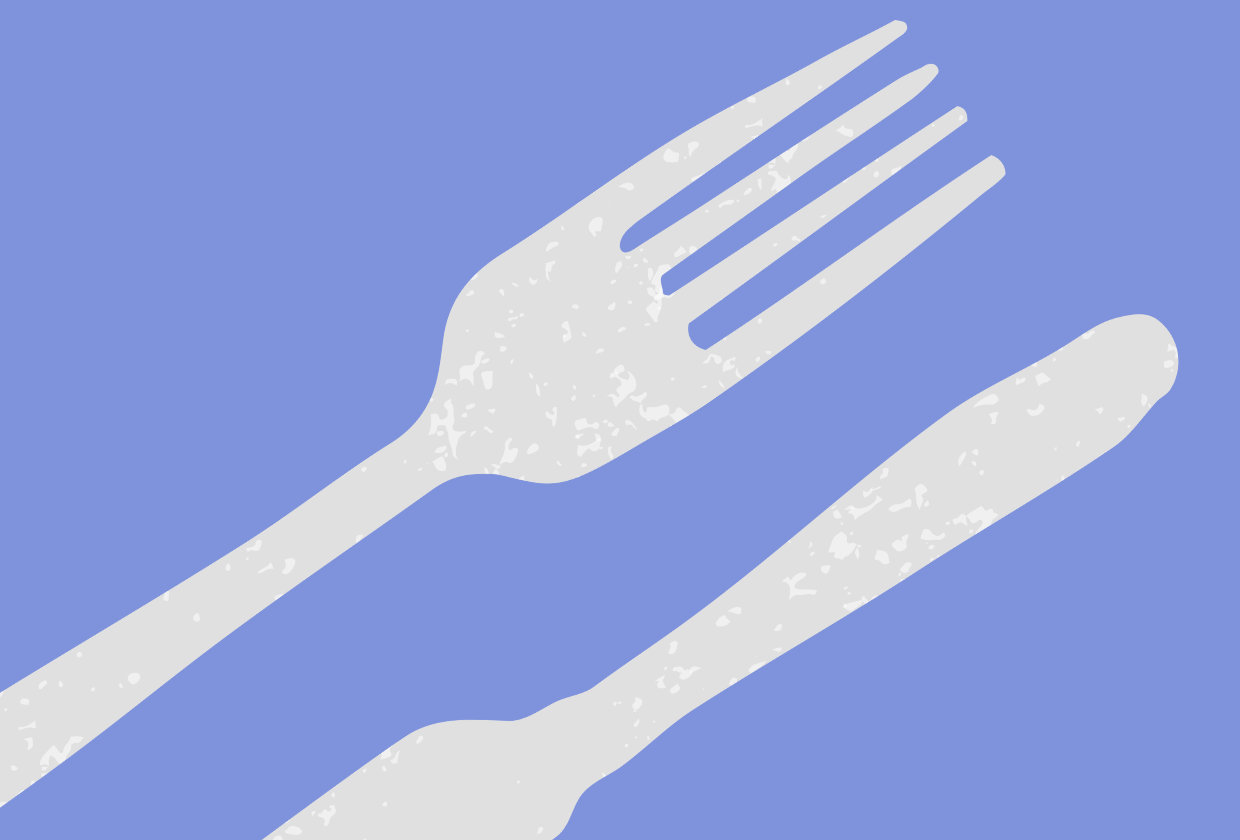 illustration of a knife and fork on a cornflower blue background