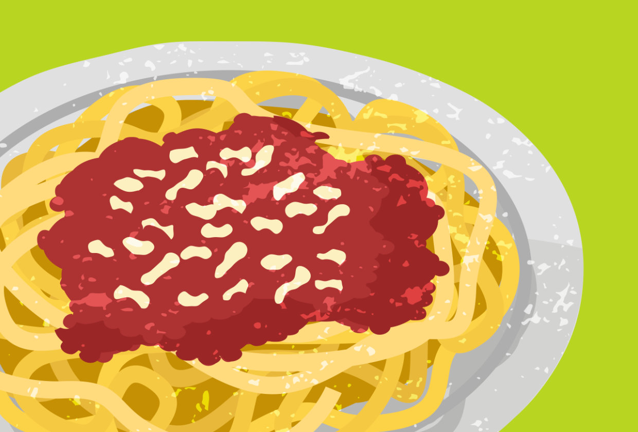 illustration of a plate of cooked spaghetti with red sauce on a green background