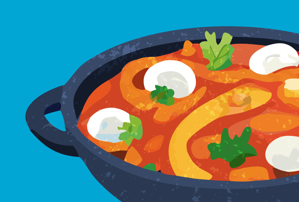 illustration of colourful curry in a pan on a blue background